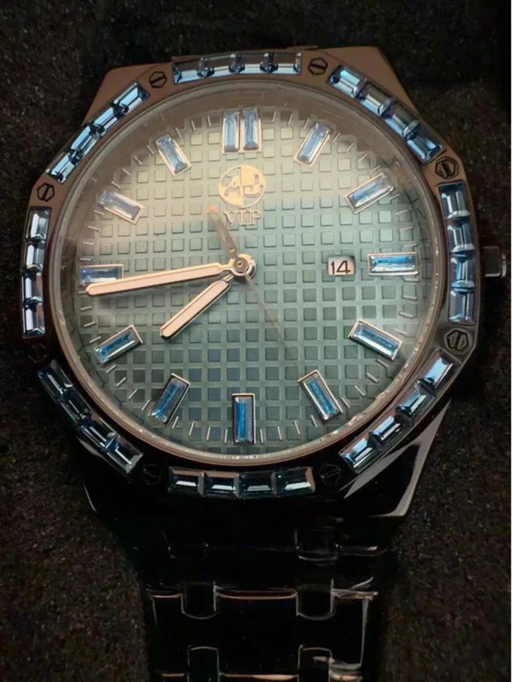 #657  AJ VIP 43mm Black & Ice-Blue Crystal Statement Watch – New with Box